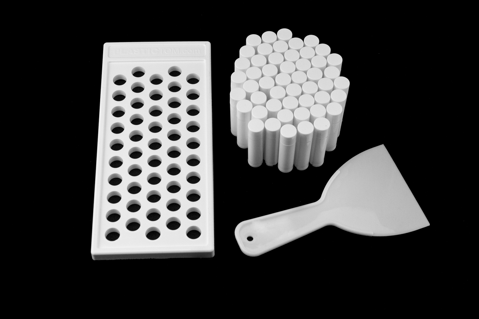 Lip Tube Tray KIT, Includes 1 x Tray, 1 x Scraper, 50 x White Lip Balm