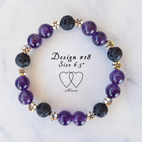 6.5 Inches, Bracelet, 2 Hearts, Design 18A, Amethyst, Lava Beads and Metallic Daisy Spacers