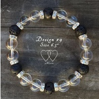 7.75 Inches, Bracelet, 2 Hearts, Design 9B, Clear Quartz, Lava Beads and Rhinestones