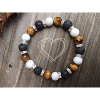 6.5 Inches, Bracelet, 2 Hearts, Design LE3, Faceted Tigers Eye, Howlite, Lava Beads and Rinestones