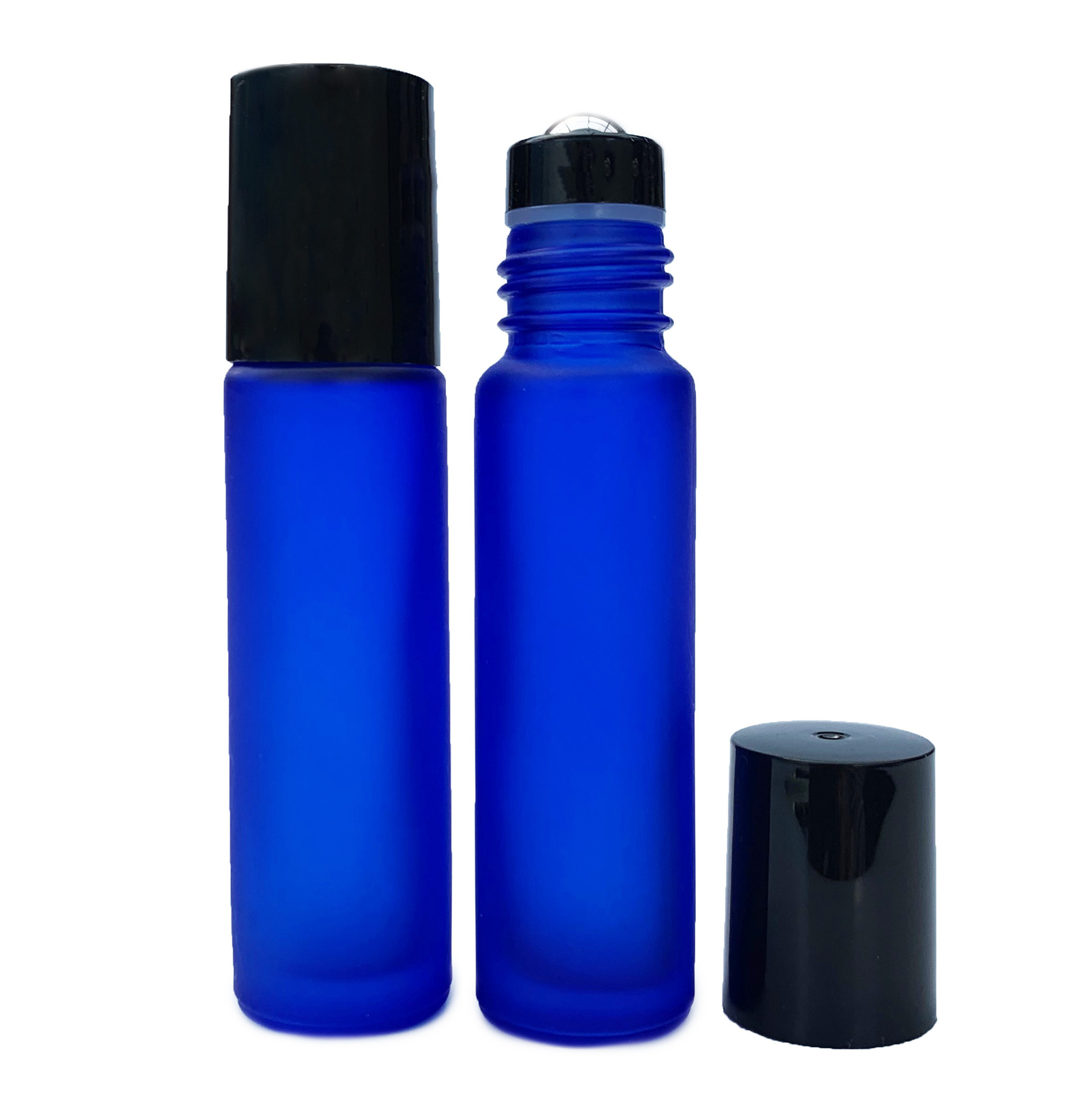10ml (Thick Glass) Frosted Blue Roller Bottle, Steel Ball, Black Lid