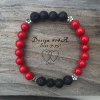 Bracelet, 2 Hearts, Design 14A, 6.5 Inches, Coral, Lava Beads and Metallic Daisy Spacers
