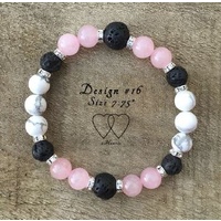 6.5 Inches, Bracelet, 2 Hearts, Design 16B, Howlite, Rose Quartz, Lava Beads and Rhinestones