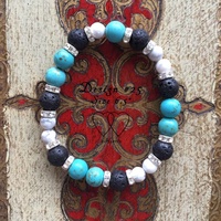 7.75 Inches, Bracelet, 2 Hearts, Design 25, Chalk Turquoise, Howlite, Lava Beads and Rhinestones