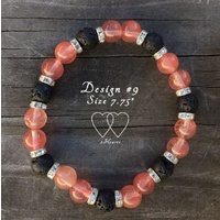 6.5 Inches, Bracelet, 2 Hearts, Design 9A, Cherry Quartz, Lava Beads and Rhinestones