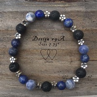 6.5 Inches, Bracelet, 2 Hearts, Design 9G, Lapis Lazuli, Sodalite, Lava Beads and Metallic Daisy Spacers