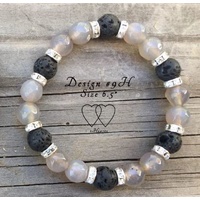 Bracelet, 2 Hearts, Design 9H, 6.5 Inches, Smoky Quartz, Lava Beads and Rhinestones