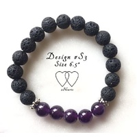 6.5 Inch, Bracelet, 2 Hearts, Design S3 - Amethyst, Lava Beads and Tibetan Style Silver Plated Beaded Rondelle Spacers