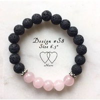 6.5 Inch, Bracelet, 2 Hearts, Design S8, Rose Quartz, Lava Beads and Tibetan Style Silver Plated Beaded Rondelle Spacers