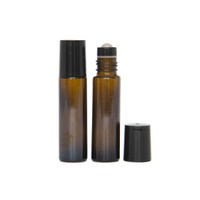 ##BULK##  600 x Bottle, Roller, Glass, Amber, 10ml, Steel Ball, Black Lid